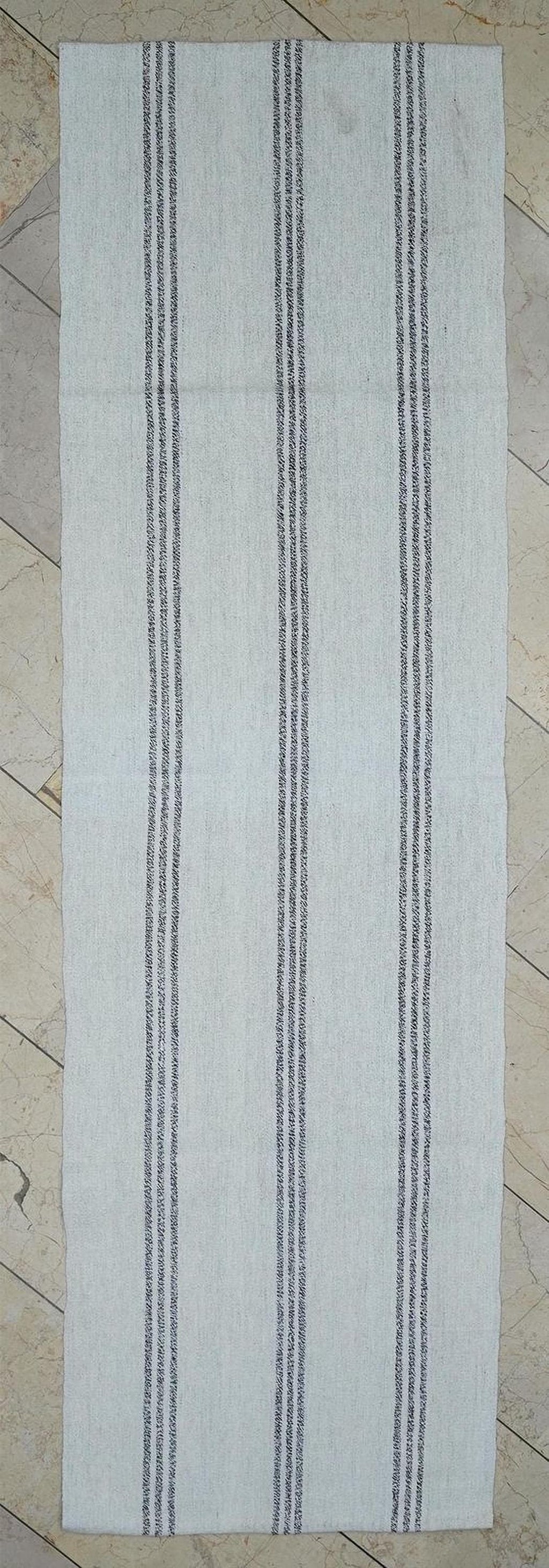 Turkish Rug Runner,Ivory And Brown Stripe Scandinavian Style Kilim,2.4x7.9 Feet.