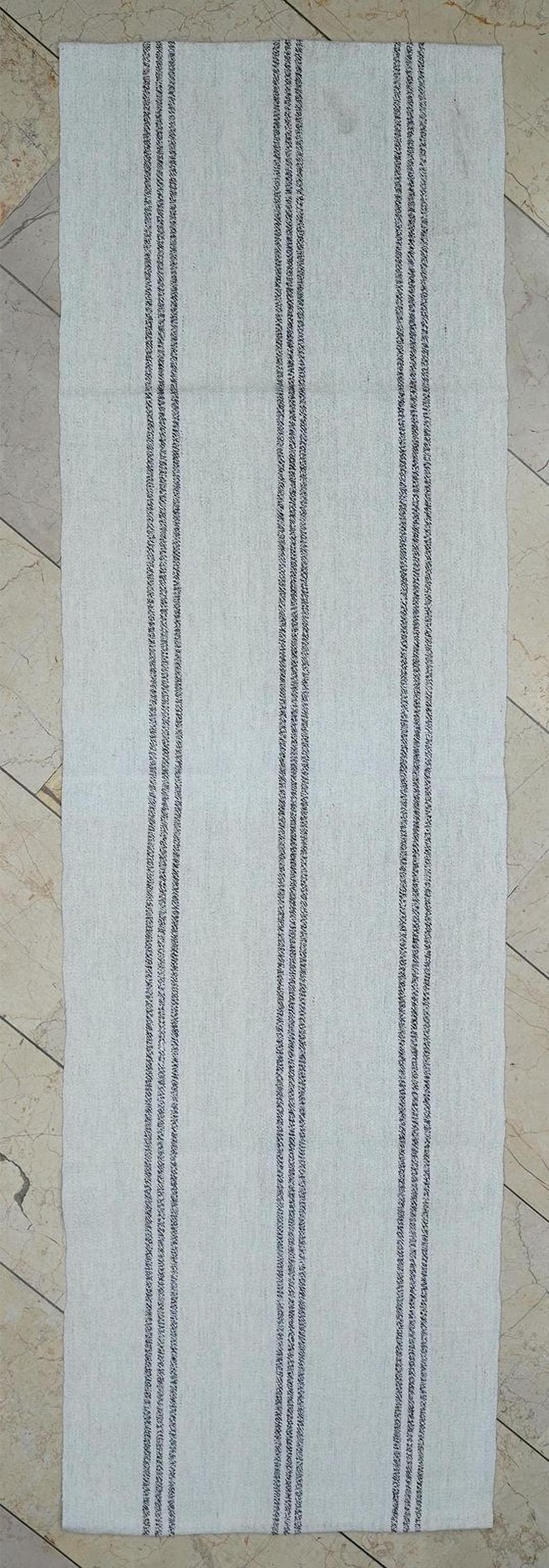 Turkish Rug Runner,Ivory And Brown Stripe Scandinavian Style Kilim,2.4x7.9 Feet.