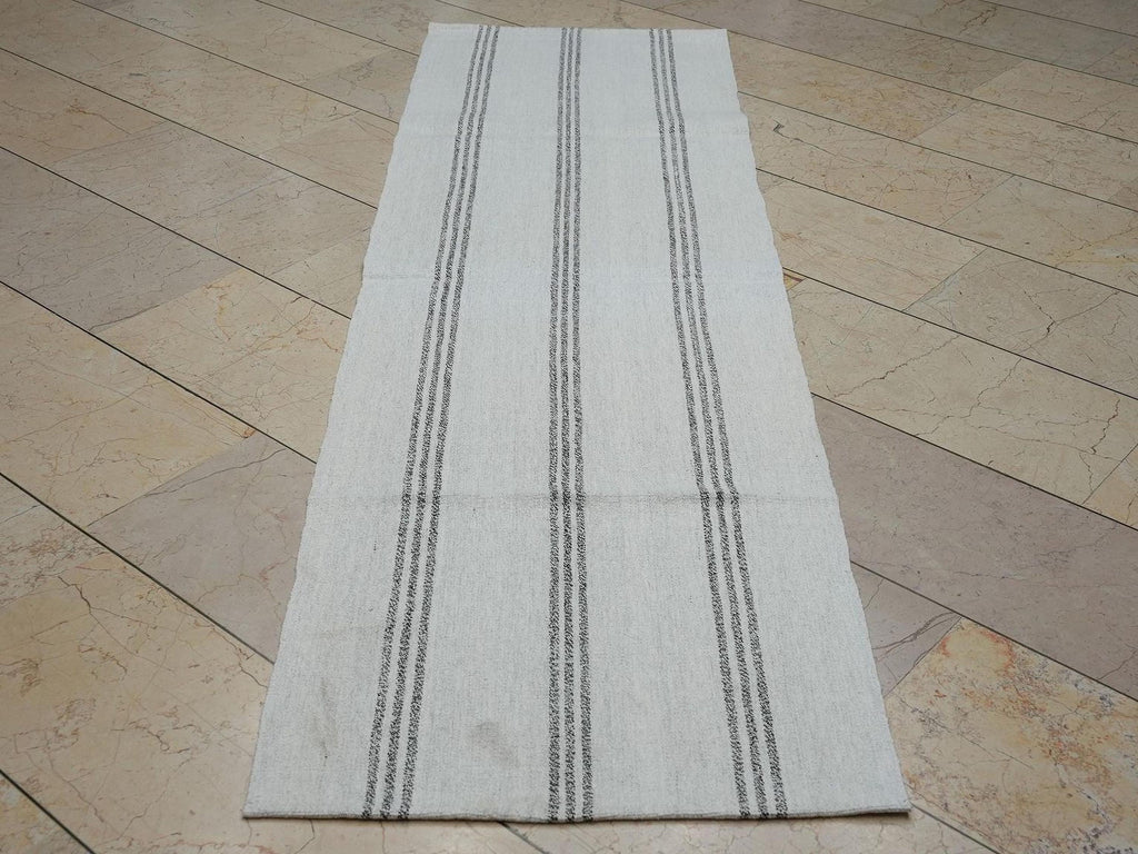 Turkish Rug Runner,Ivory And Brown Stripe Scandinavian Style Kilim,2.4x7.9 Feet.