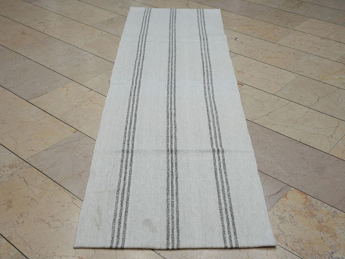 Turkish Rug Runner,Ivory And Brown Stripe Scandinavian Style Kilim,2.4x7.9 Feet.