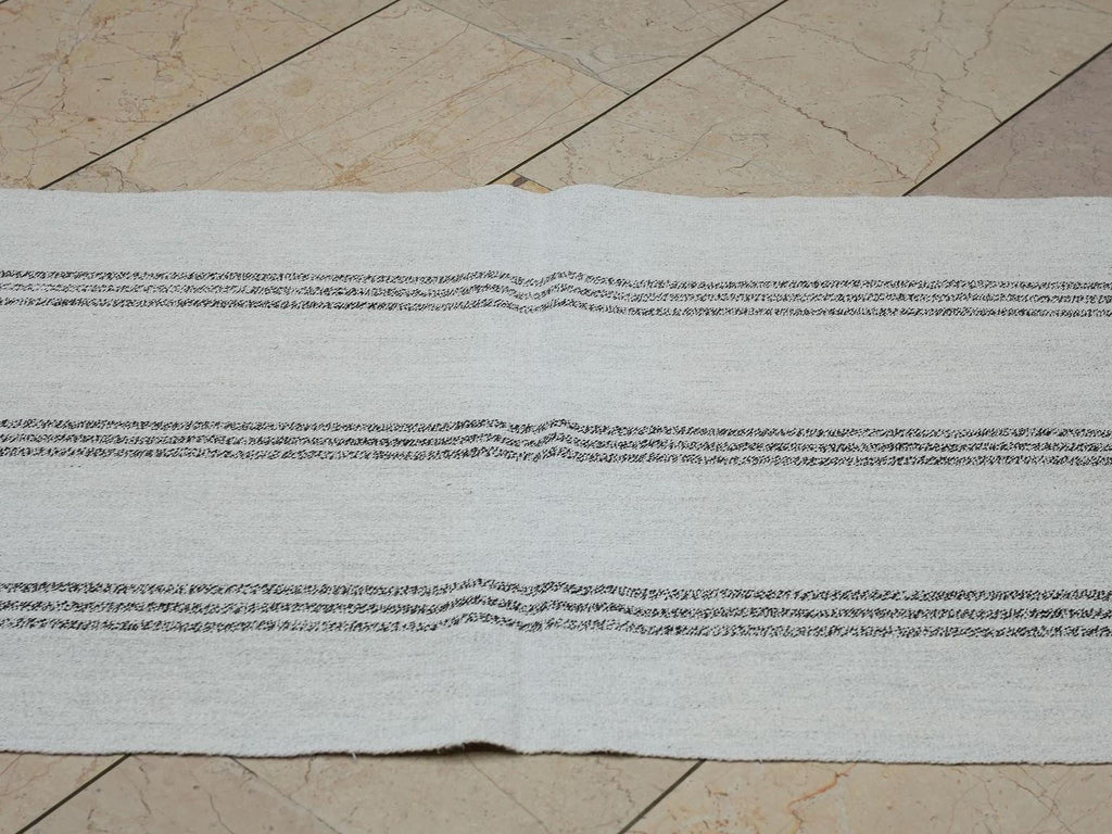 Turkish Rug Runner,Ivory And Brown Stripe Scandinavian Style Kilim,2.4x7.9 Feet.