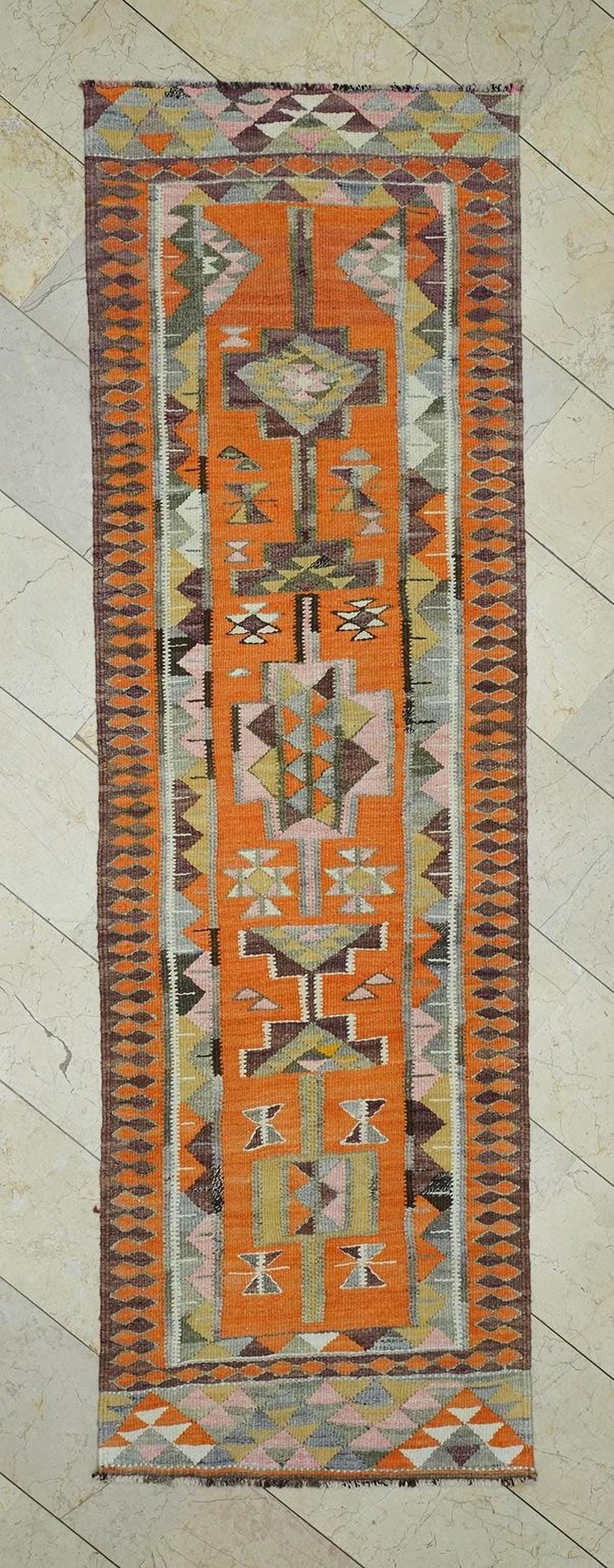 Vintage Turkish Kilim Rug Runner: Striped Wool Flat Weave, 2.8x9.2 ft