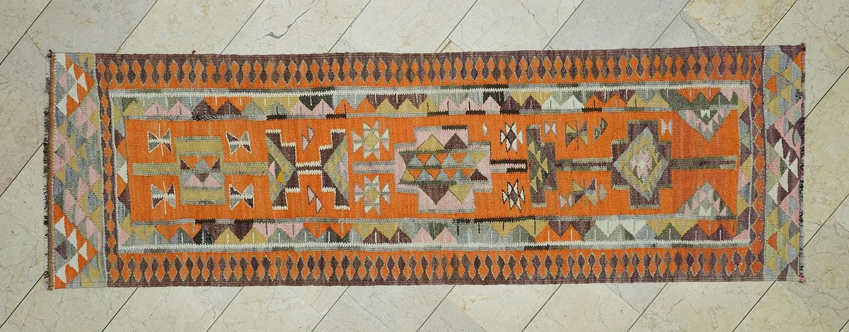 Vintage Turkish Kilim Rug Runner: Striped Wool Flat Weave, 2.8x9.2 ft
