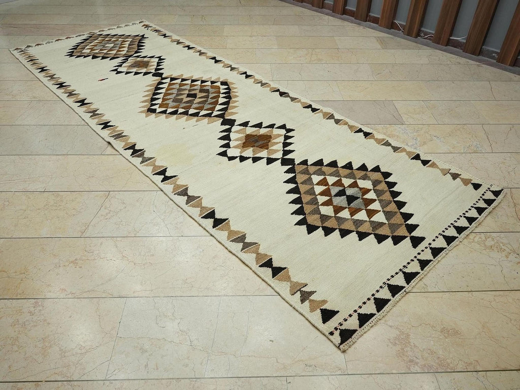 Old Turkish Kilim Rug Runner: Brown Cream Kitchen Decor Rugs 4x11,3 Ft.