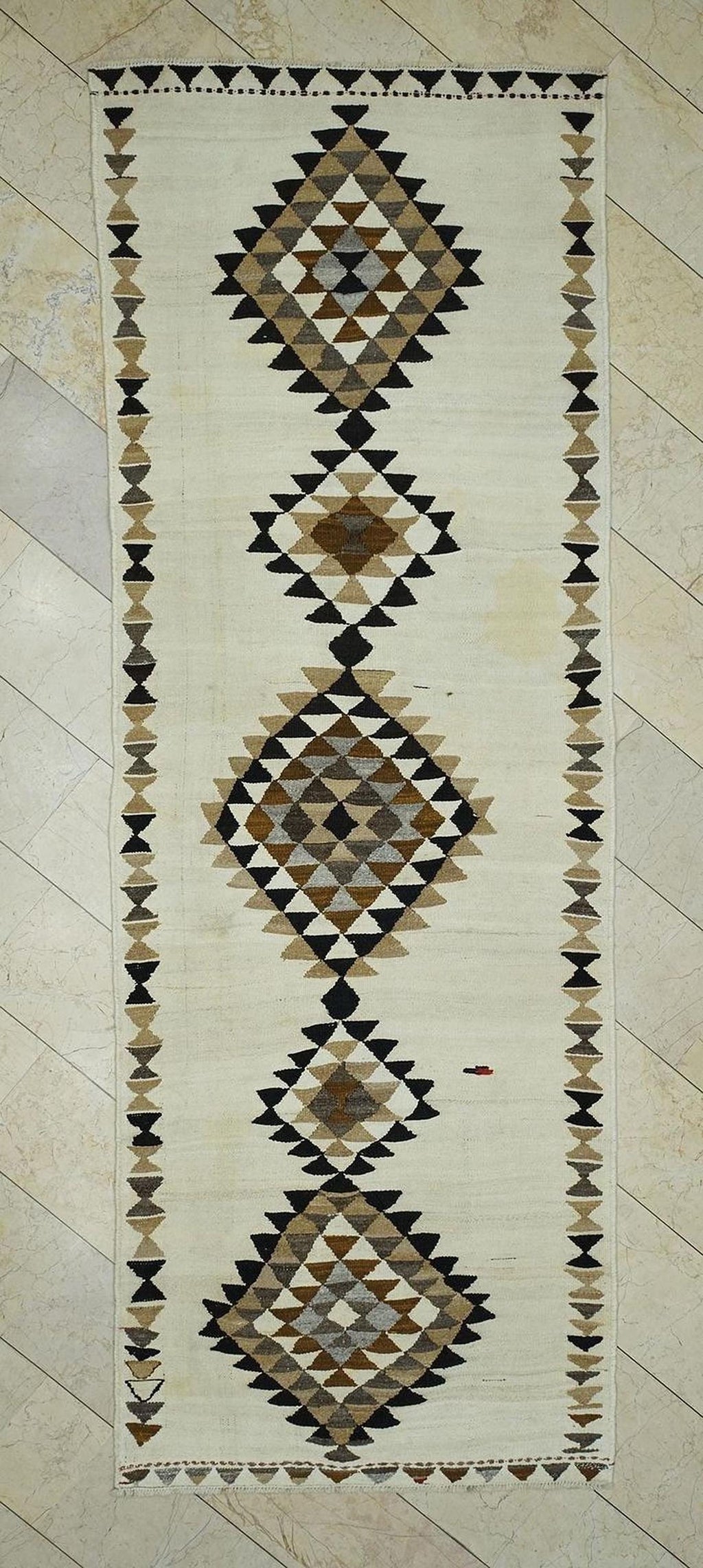 Old Turkish Kilim Rug Runner: Brown Cream Kitchen Decor Rugs 4x11,3 Ft.