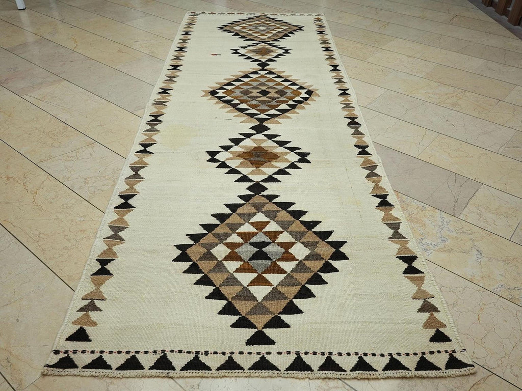 Old Turkish Kilim Rug Runner: Brown Cream Kitchen Decor Rugs 4x11,3 Ft.