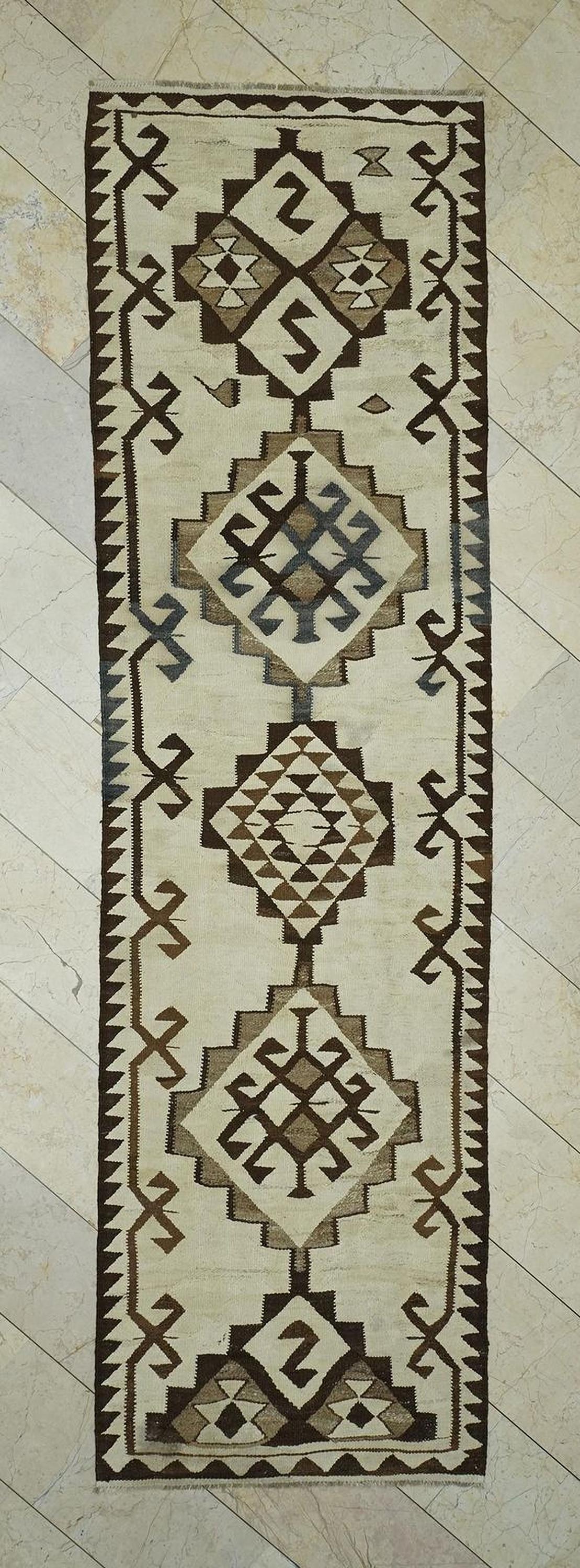 Vintage Turkish Kilim Rug Runner: 3.1"x11.2' Handwoven Wool Rugs.