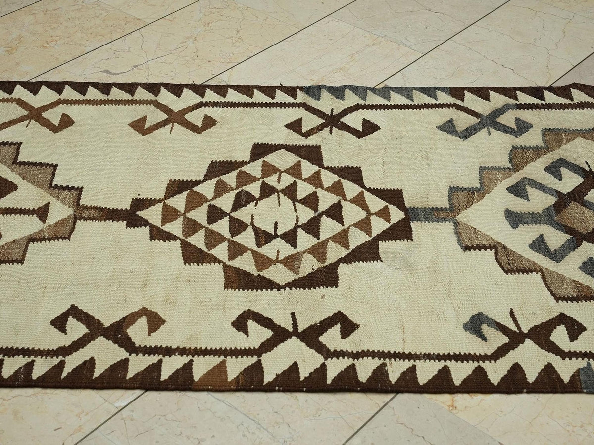 Vintage Turkish Kilim Rug Runner: 3.1"x11.2' Handwoven Wool Rugs.
