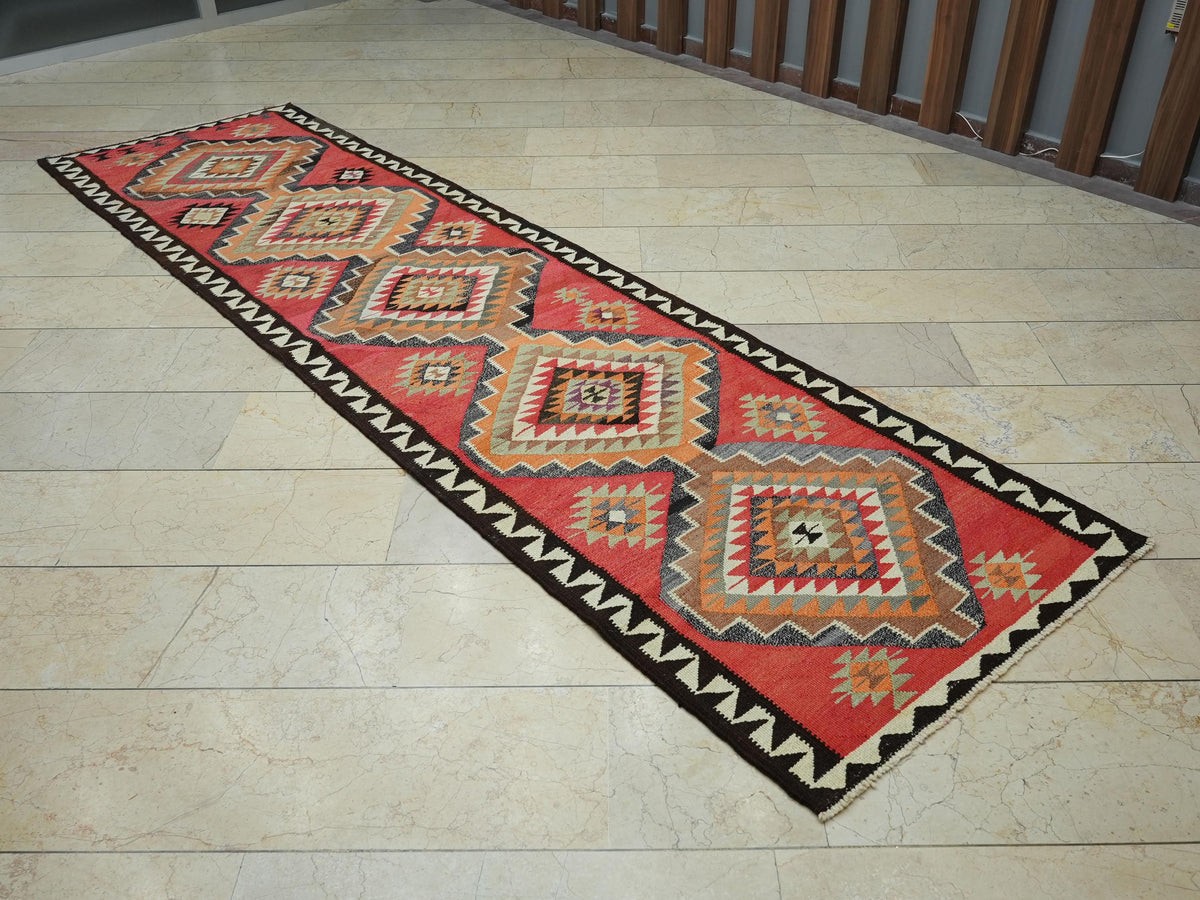 Tribal Kilim Rug Runner: Red Orange Turkish Wool Woven Rugs, 3,1"x11,5" Feet.