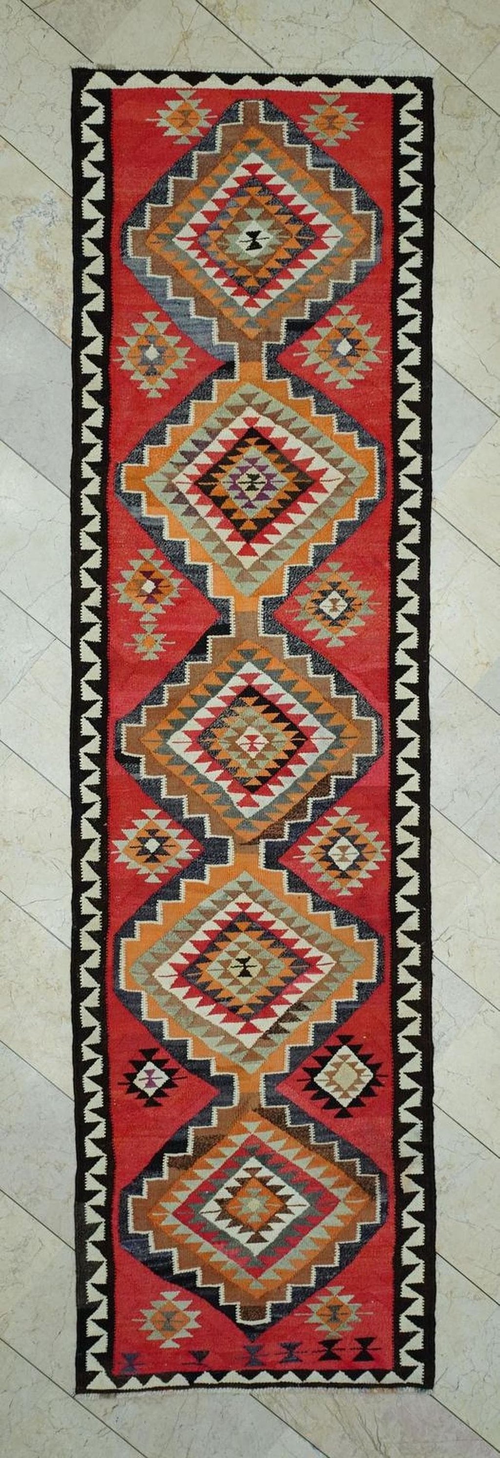 Tribal Kilim Rug Runner: Red Orange Turkish Wool Woven Rugs, 3,1"x11,5" Feet.
