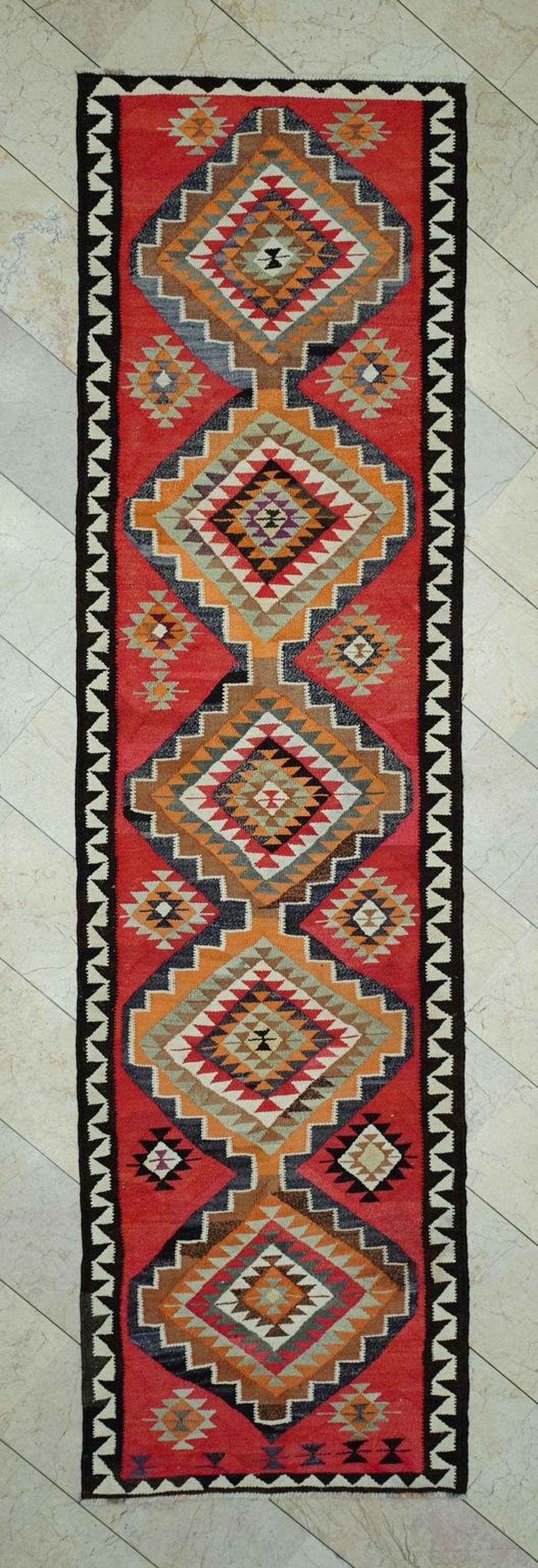 Tribal Kilim Rug Runner: Red Orange Turkish Wool Woven Rugs, 3,1"x11,5" Feet.