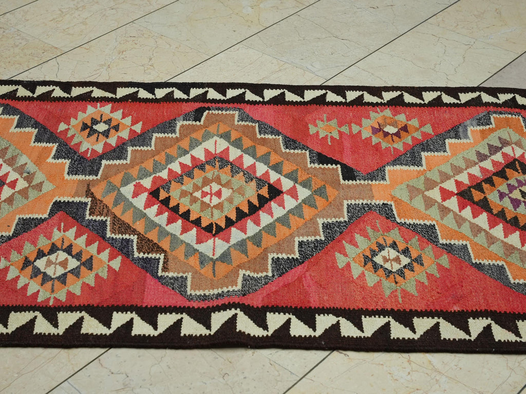 Tribal Kilim Rug Runner: Red Orange Turkish Wool Woven Rugs, 3,1"x11,5" Feet.