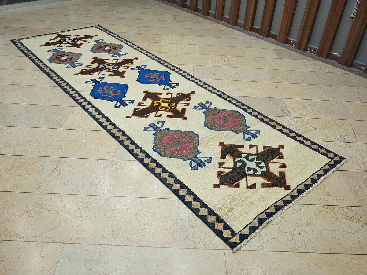 3.6x11 Multi Colors Vintage Turkish Rug Runner: Handwoven Kilim For Home Corridor Decor.