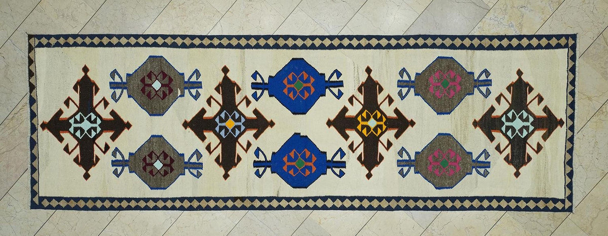 3.6x11 Multi Colors Vintage Turkish Rug Runner: Handwoven Kilim For Home Corridor Decor.