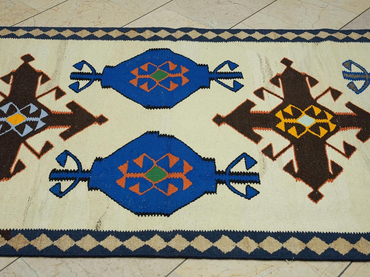 3.6x11 Multi Colors Vintage Turkish Rug Runner: Handwoven Kilim For Home Corridor Decor.