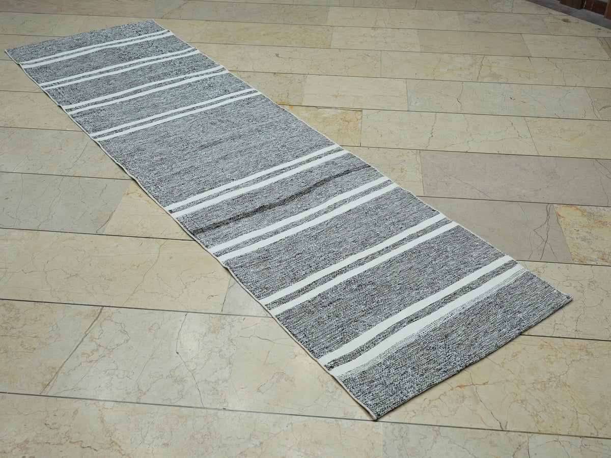 Gray and White Stripe Rug Runner: Flat Weave Kilim, 2.3x8.5 ft