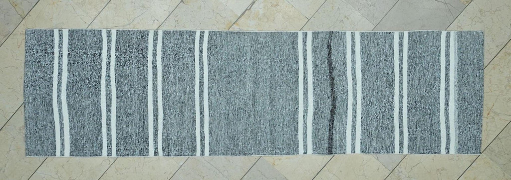 Gray and White Stripe Rug Runner: Flat Weave Kilim, 2.3x8.5 ft