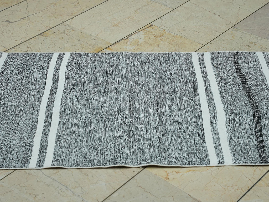 Gray and White Stripe Rug Runner: Flat Weave Kilim, 2.3x8.5 ft