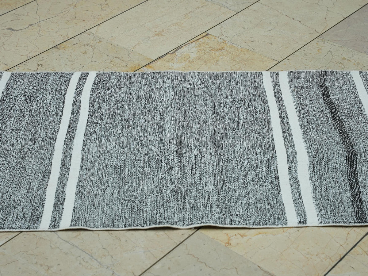 Gray and White Stripe Rug Runner: Flat Weave Kilim, 2.3x8.5 ft