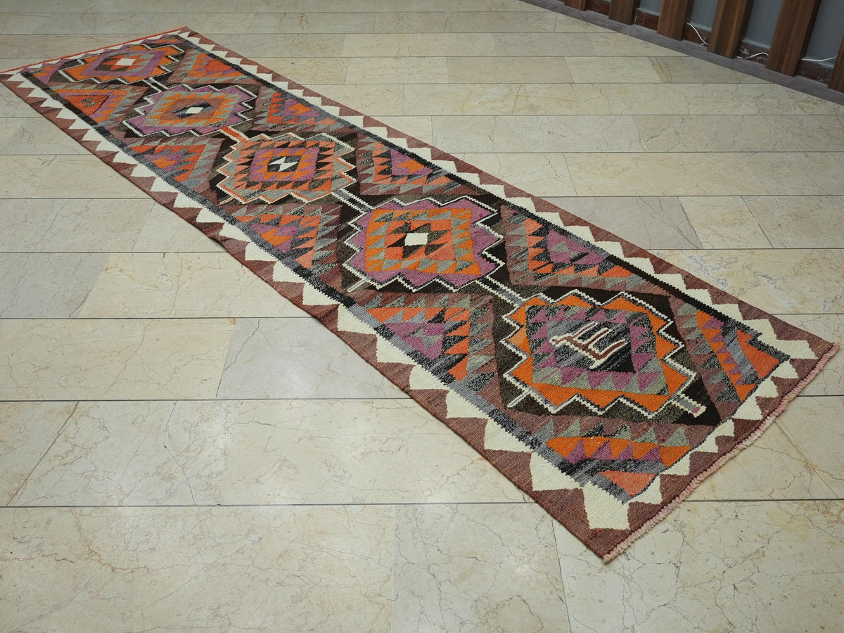 Vintage Turkish Kilim Rug Runner: Kitchen Decor Rugs, 2.9"x10.4" Feet
