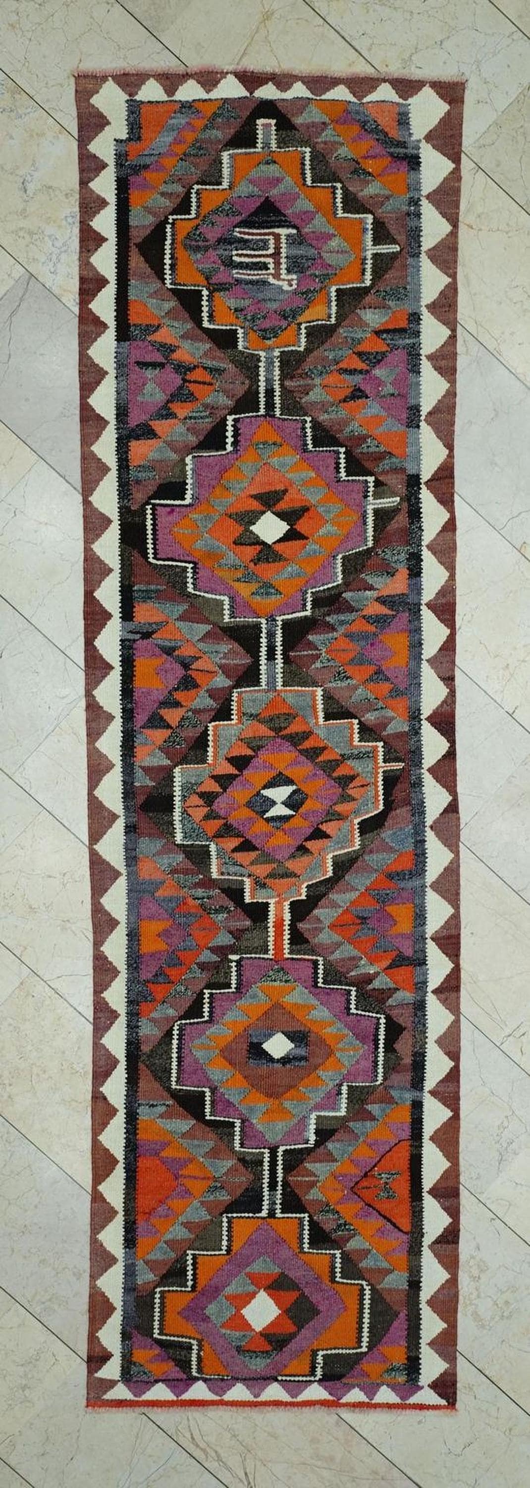 Vintage Turkish Kilim Rug Runner: Kitchen Decor Rugs, 2.9"x10.4" Feet