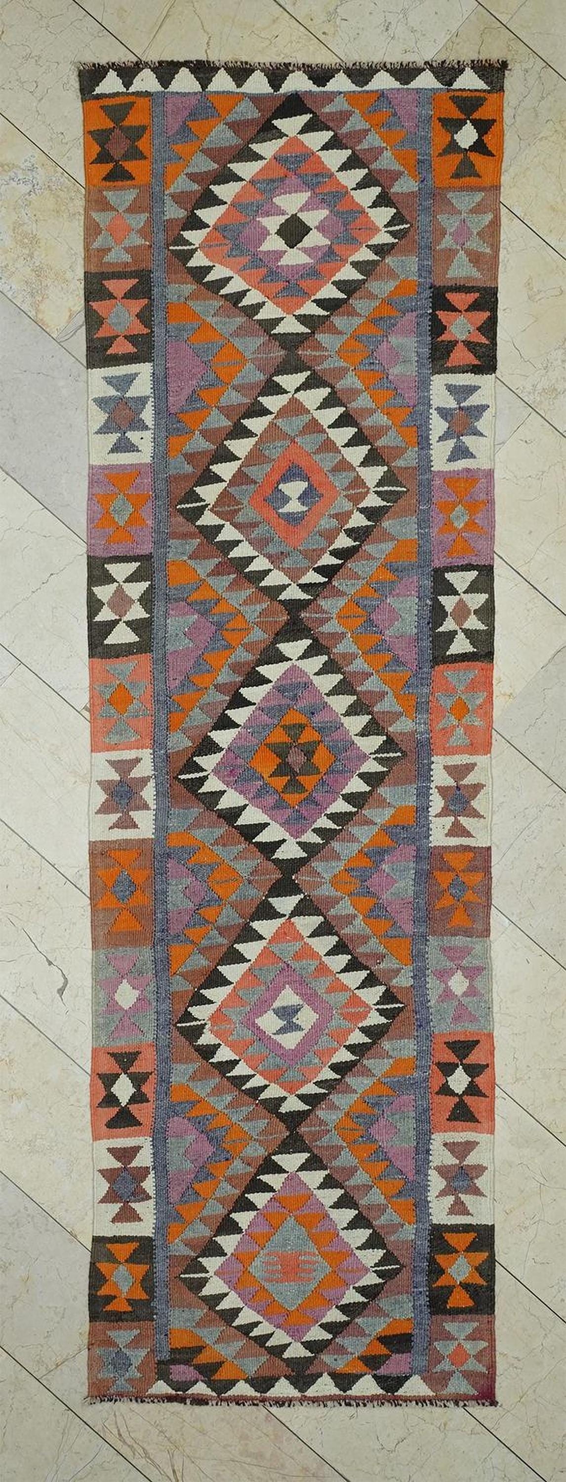 Vintage Turkish Kilim Rug Runner: Colorful Flat Weave Wool Rugs (3,1"x10,2" Feet)