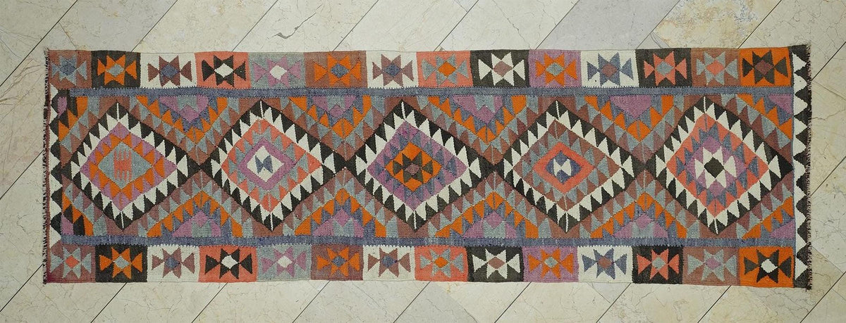 Vintage Turkish Kilim Rug Runner: Colorful Flat Weave Wool Rugs (3,1"x10,2" Feet)