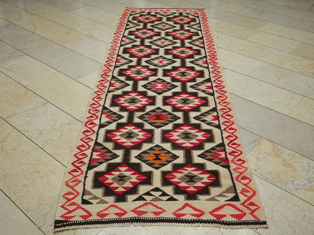 Mid Century Modern Flat Woven Turkish Kilim Rug Runner: 3.2x9.7 Ft.