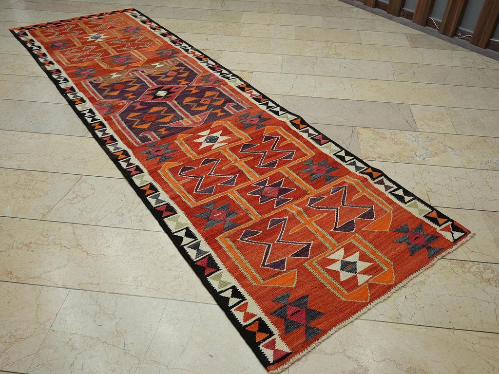 Colorful Wool Kurdish Kilim Rug Runner: 3.3x11 Ft,Home Hallways Decor Flat Woven Rugs.
