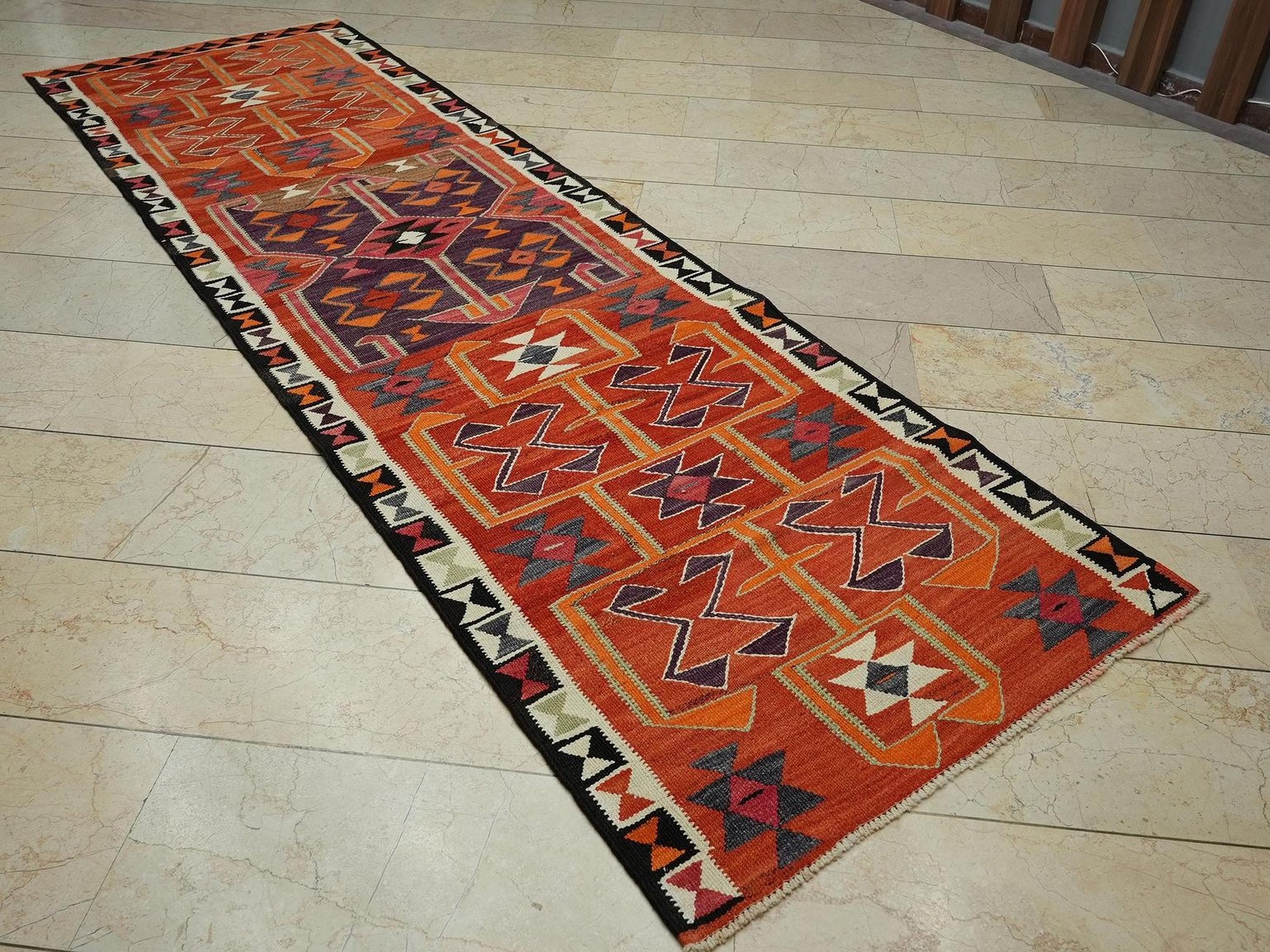 Colorful Wool Kurdish Kilim Rug Runner: 3.3x11 Ft,Home Hallways Decor Flat Woven Rugs.