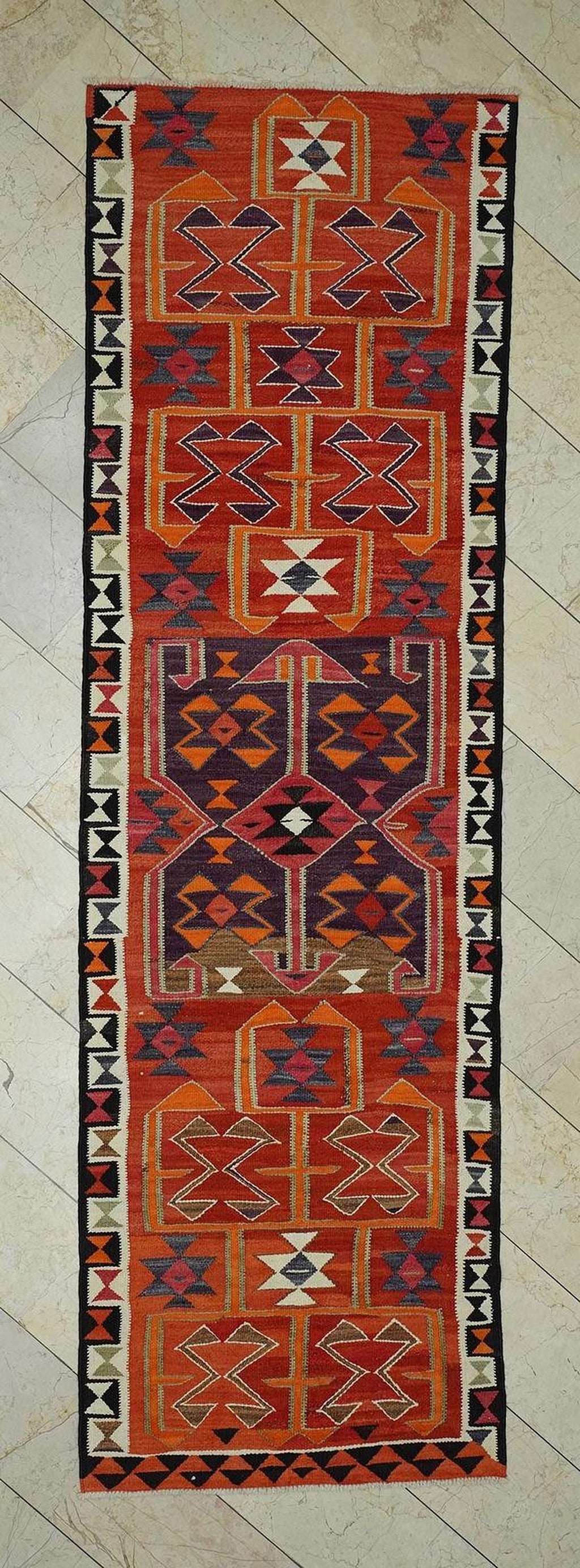 Colorful Wool Kurdish Kilim Rug Runner: 3.3x11 Ft,Home Hallways Decor Flat Woven Rugs.