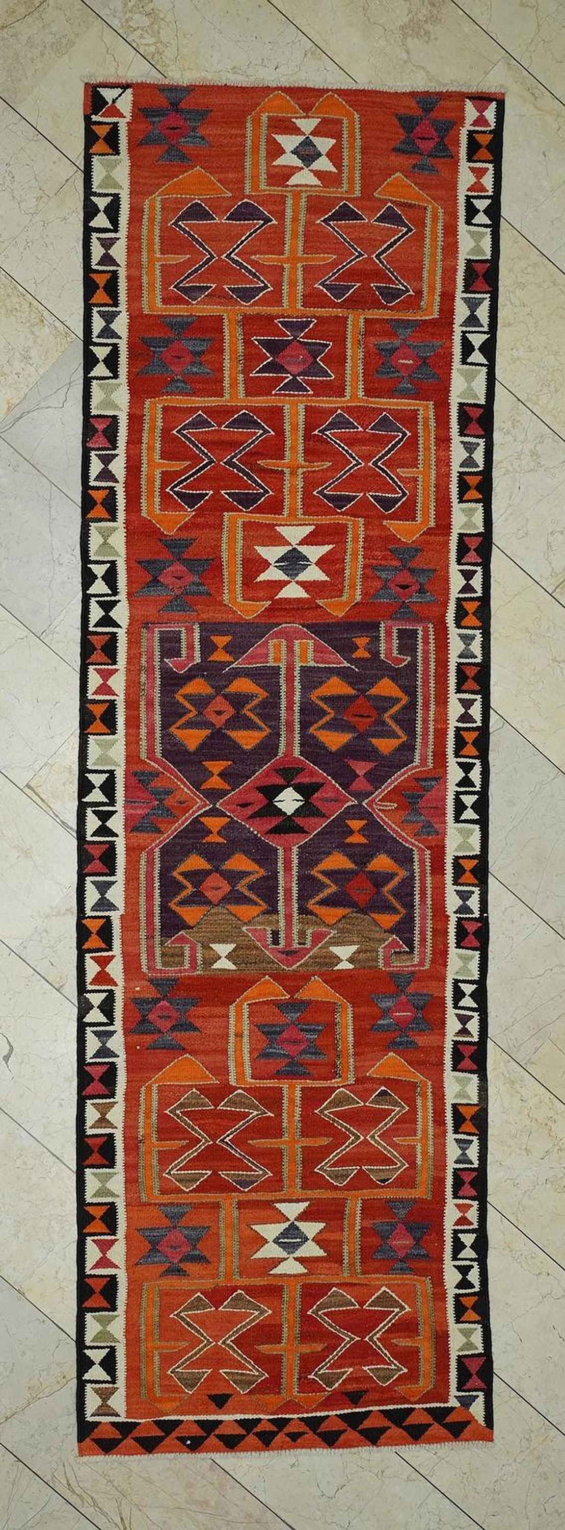 Colorful Wool Kurdish Kilim Rug Runner: 3.3x11 Ft,Home Hallways Decor Flat Woven Rugs.