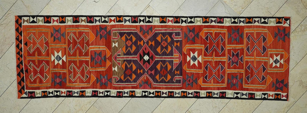 Colorful Wool Kurdish Kilim Rug Runner: 3.3x11 Ft,Home Hallways Decor Flat Woven Rugs.