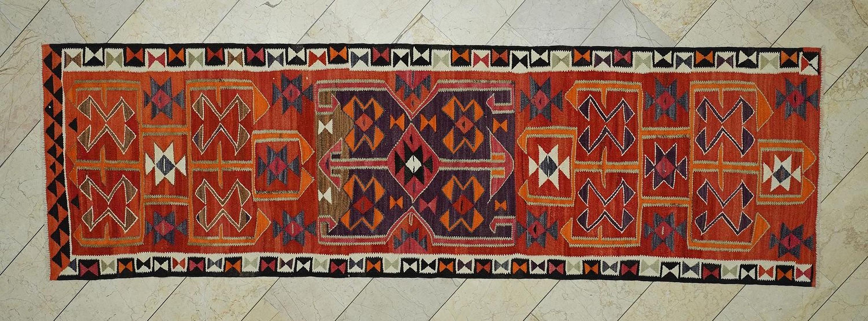 Colorful Wool Kurdish Kilim Rug Runner: 3.3x11 Ft,Home Hallways Decor Flat Woven Rugs.