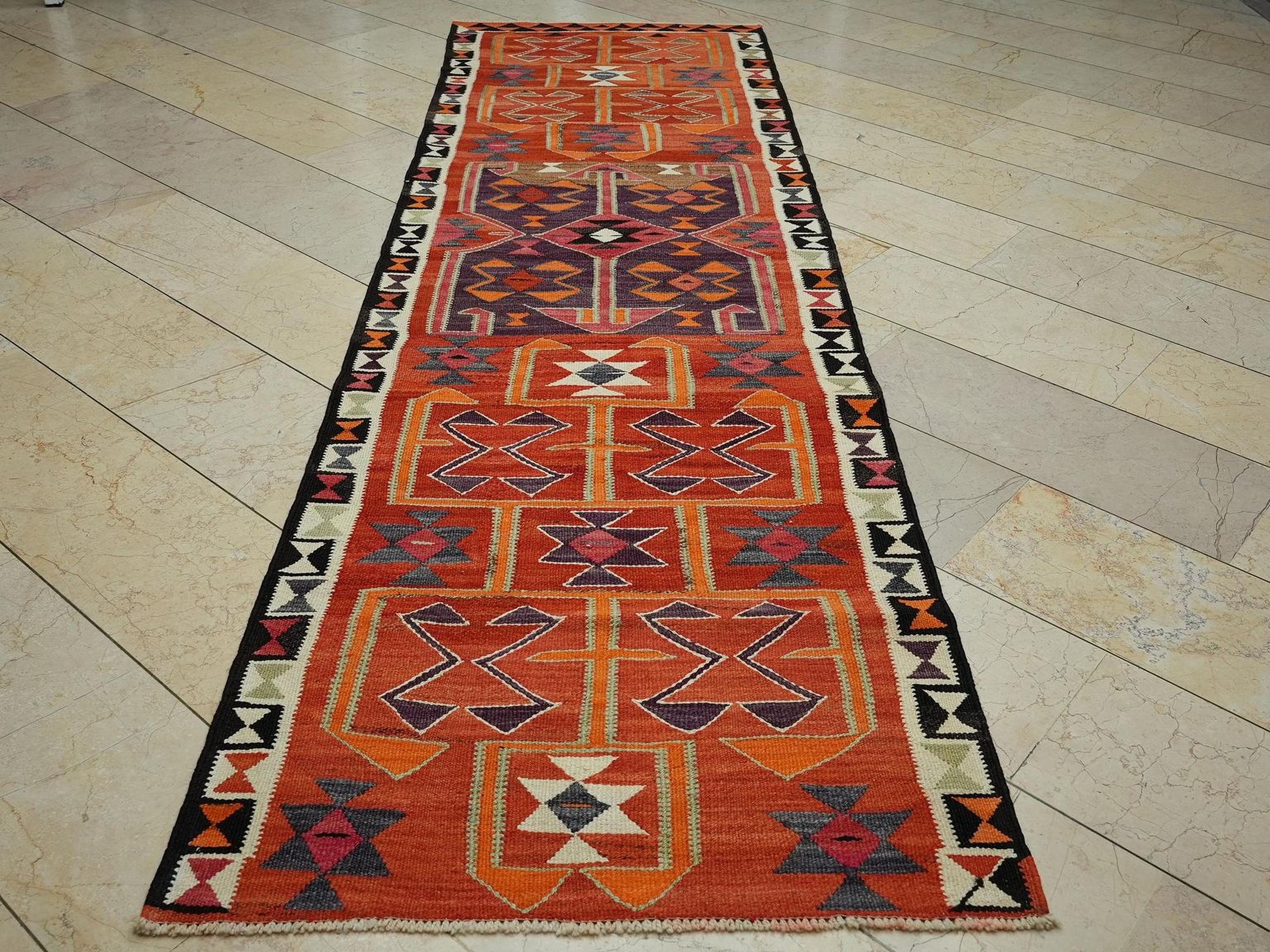 Colorful Wool Kurdish Kilim Rug Runner: 3.3x11 Ft,Home Hallways Decor Flat Woven Rugs.