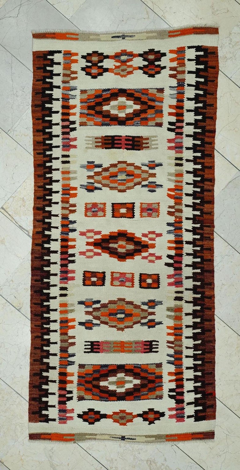 Unique Turkish Wool Kilim Rug Runner: 2.8x6.5 Feet,Small Size Handmade Rugs.