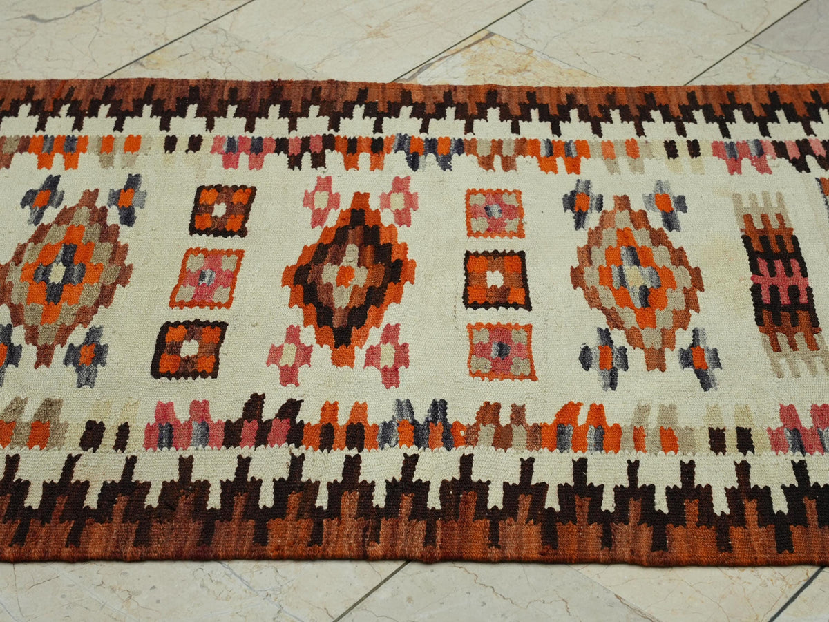 Unique Turkish Wool Kilim Rug Runner: 2.8x6.5 Feet,Small Size Handmade Rugs.