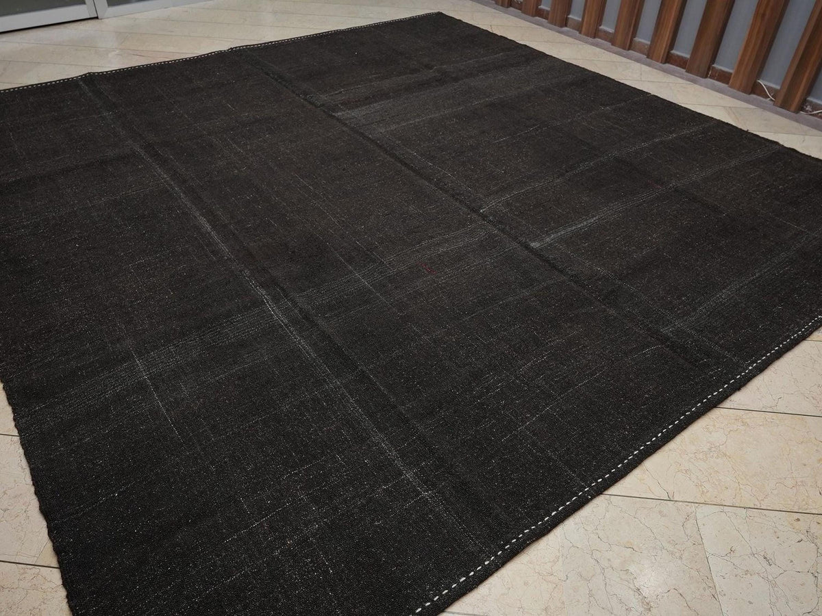 11x11 Square Dark Brown Nomadic Goat Hair Kilim Rug,Moody Decor Rugs.
