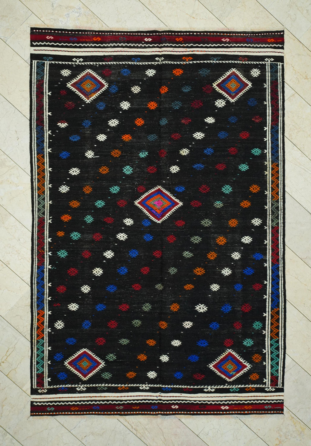 Mid Century Modern Black Goat Hair Kilim Rug: 6.3'x9.5' Turkish Flat Weave Rugs