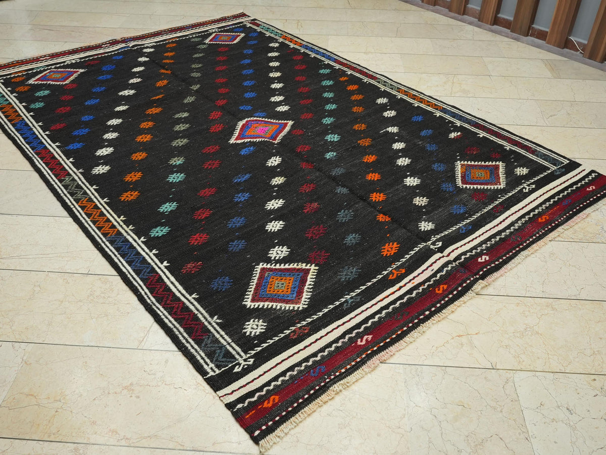 Mid Century Modern Black Goat Hair Kilim Rug: 6.3'x9.5' Turkish Flat Weave Rugs