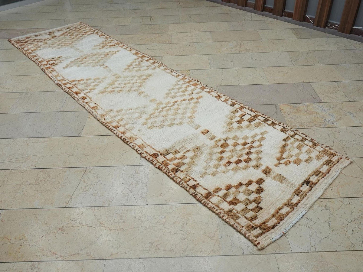 Brown & White Handmade Wool Rug Runner: Mid-Century Modern Turkish Rugs, 2.9x11.2 ft.
