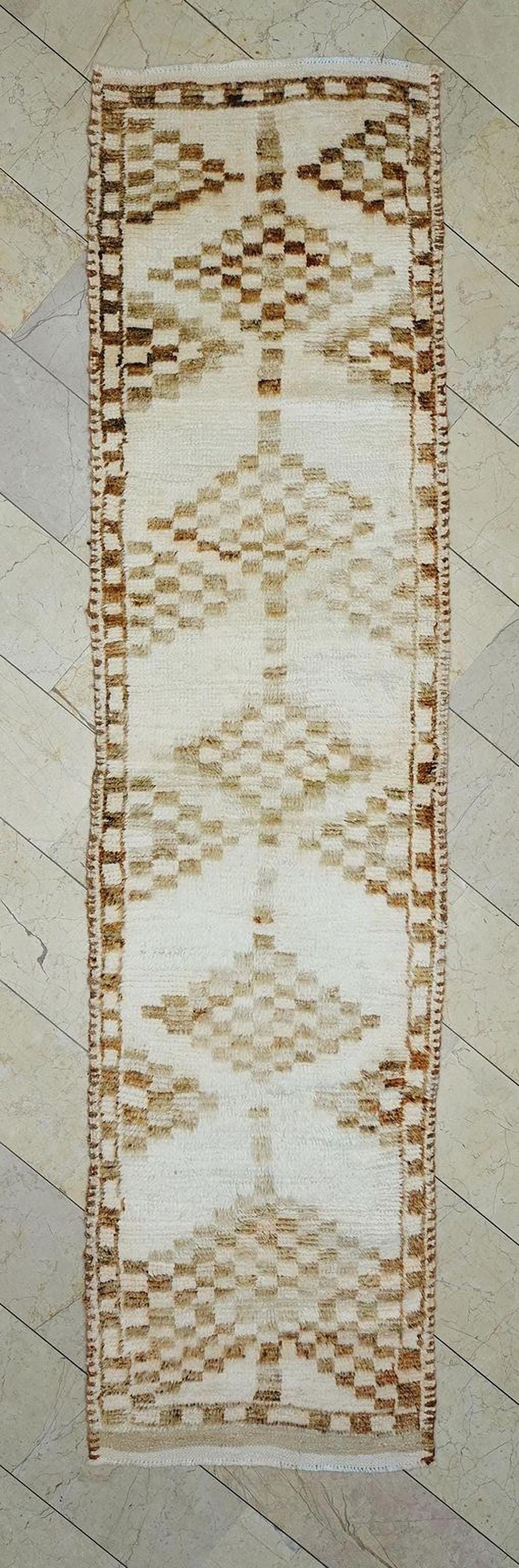 Brown & White Handmade Wool Rug Runner: Mid-Century Modern Turkish Rugs, 2.9x11.2 ft.