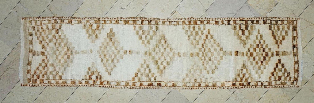 Brown & White Handmade Wool Rug Runner: Mid-Century Modern Turkish Rugs, 2.9x11.2 ft.