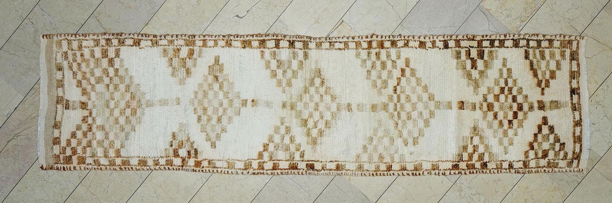 Brown & White Handmade Wool Rug Runner: Mid-Century Modern Turkish Rugs, 2.9x11.2 ft.