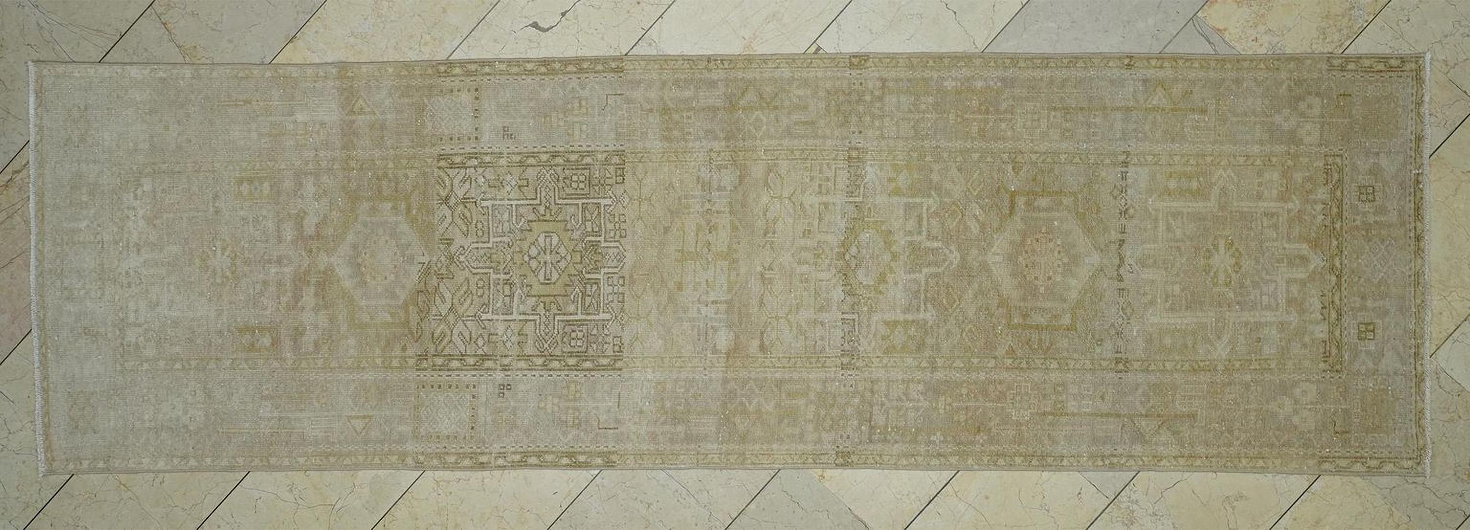 Vintage Style Rug Runner: Beige Brown Turkish Wool Rugs (3.1x10.5 ft)