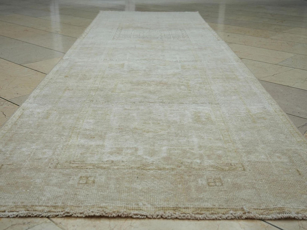 Vintage Style Rug Runner: Beige Brown Turkish Wool Rugs (3.1x10.5 ft)