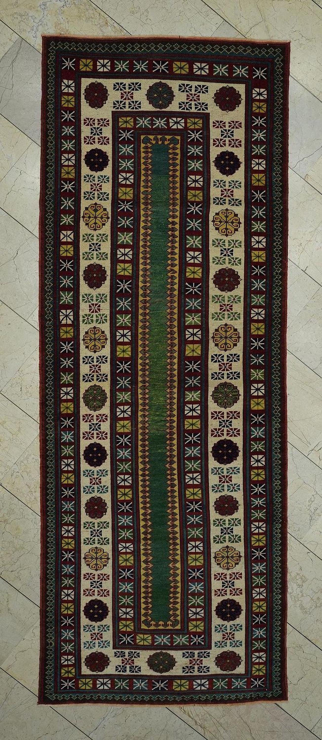 Vintage Turkish Rug Runner: Green & Red Wool Hallway Carpet (3,4" x 9,4" Feet)