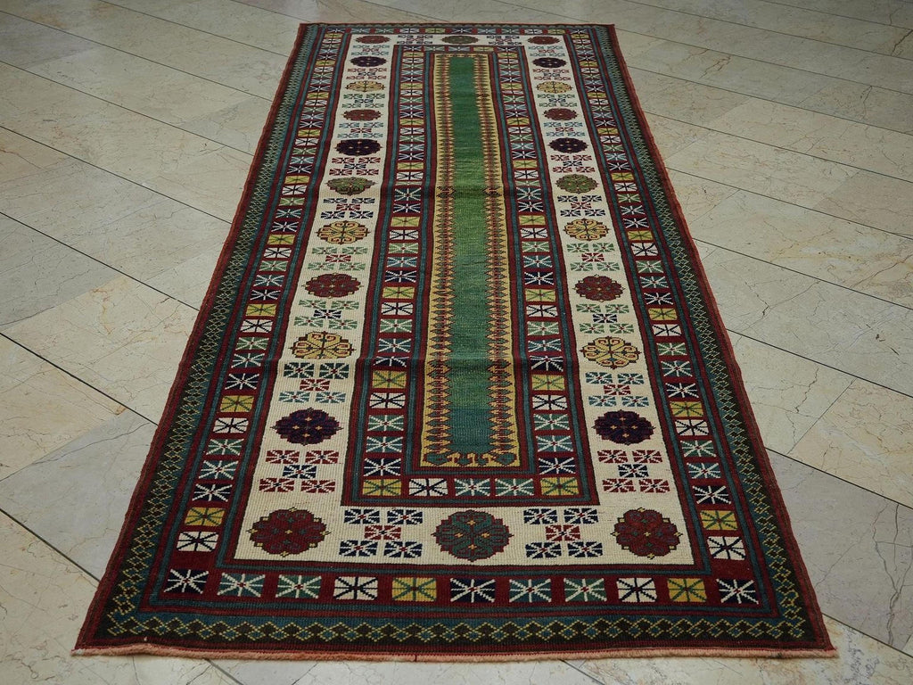 Vintage Turkish Rug Runner: Green & Red Wool Hallway Carpet (3,4" x 9,4" Feet)