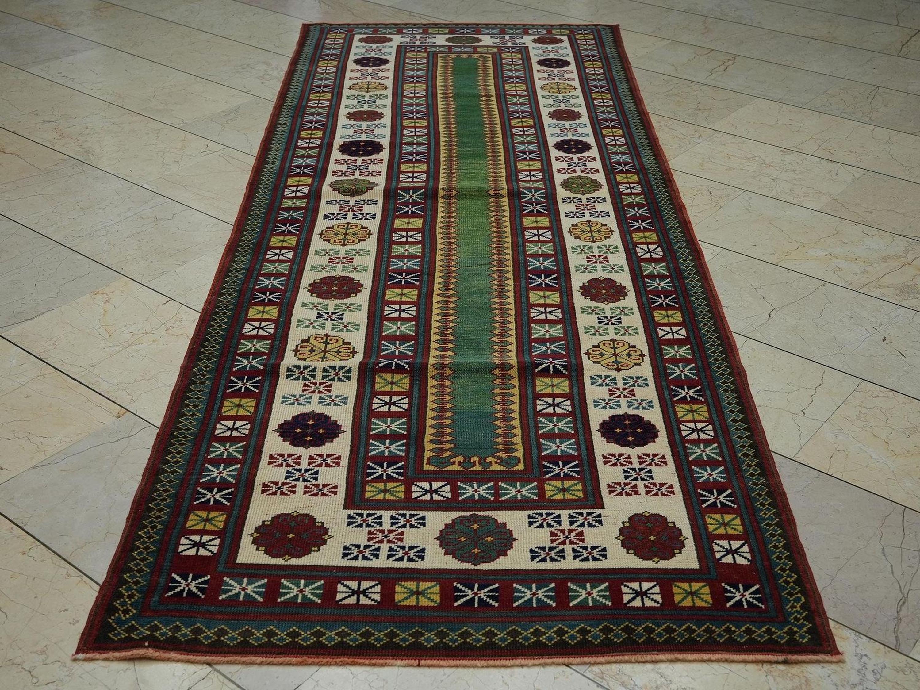 Vintage Turkish Rug Runner: Green & Red Wool Hallway Carpet (3,4" x 9,4" Feet)
