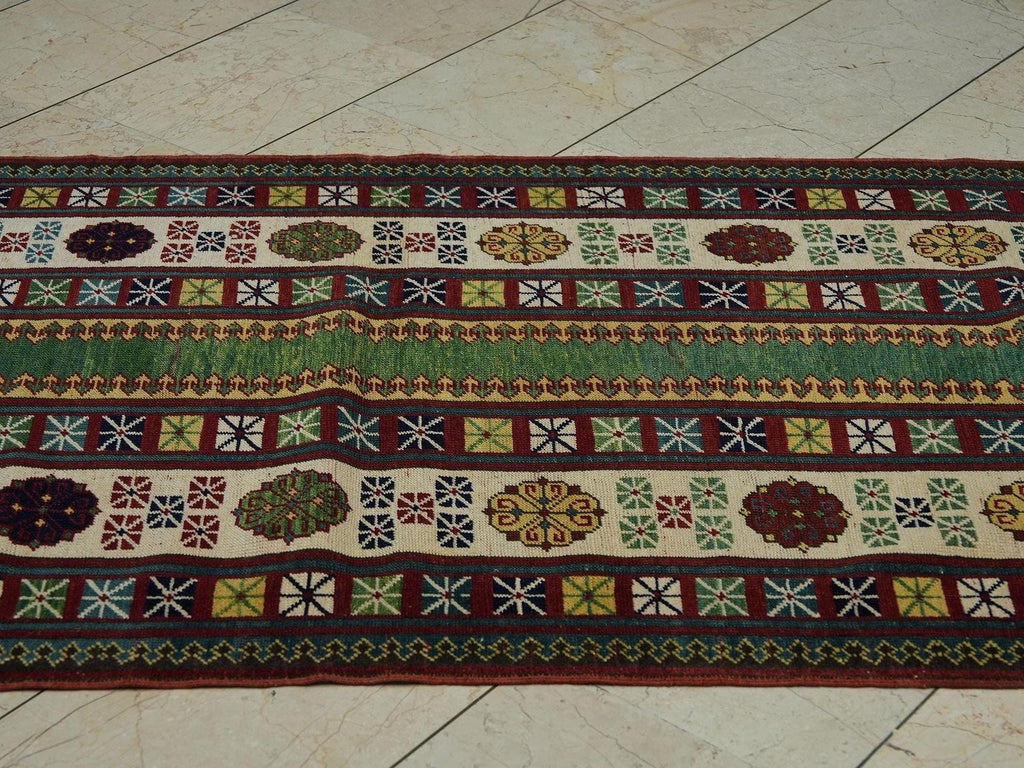 Vintage Turkish Rug Runner: Green & Red Wool Hallway Carpet (3,4" x 9,4" Feet)
